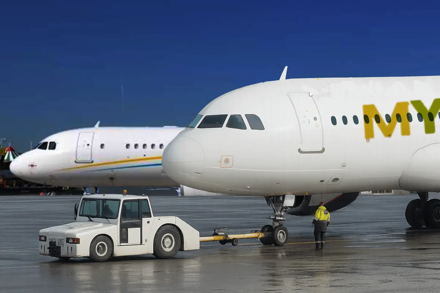 Aircraft engineer standing by at the ramp with ground headset, awaiting cockpit clearance for pushback procedure with tug connected to aircraft